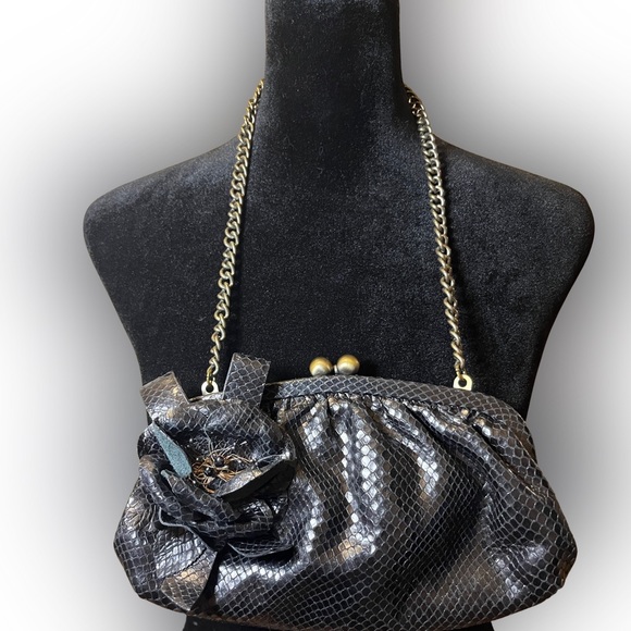 Isabella Fiore Handbags - Isabella Fiore Black Snake-Embossed Chain Shoulder Bag with Flower Accent